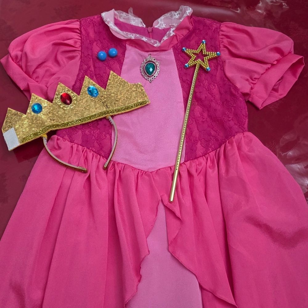 Princess Peach Super Mario Themed Costume Dress Size 8-10 (140) & Accessories